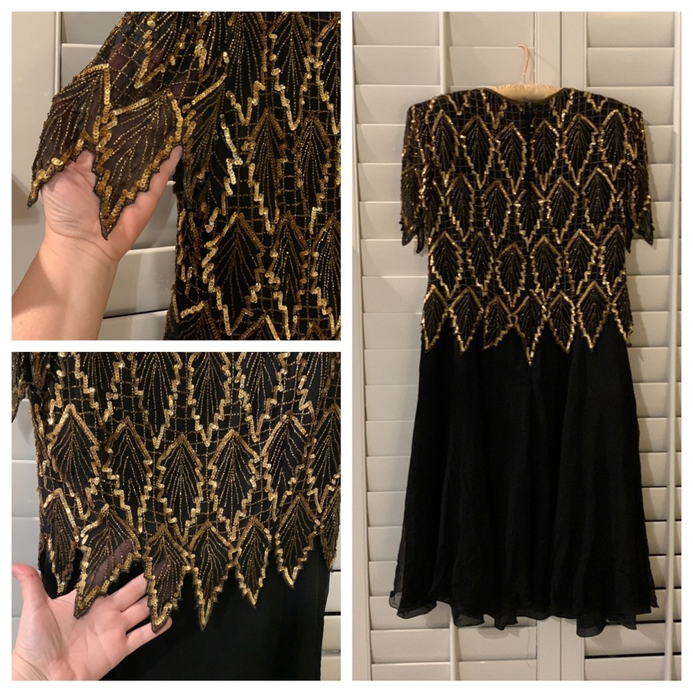Laurence Kazar Leaf Black Gold Sequin Silk Vintage Cocktail Dress Size XL - Picture 12 of 17